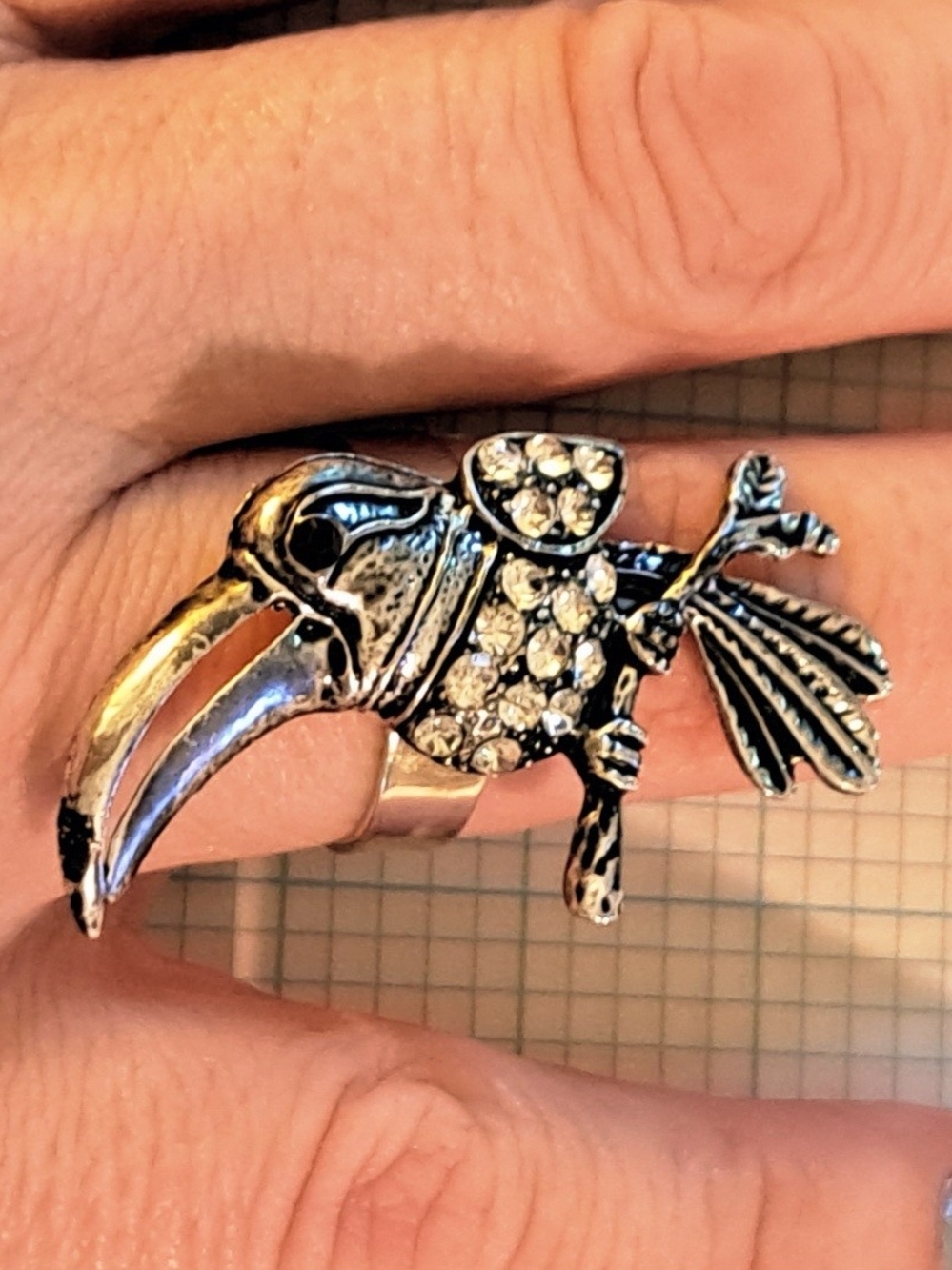 Silver Tone Rhinestone Toucan Statement Adjustable Ring